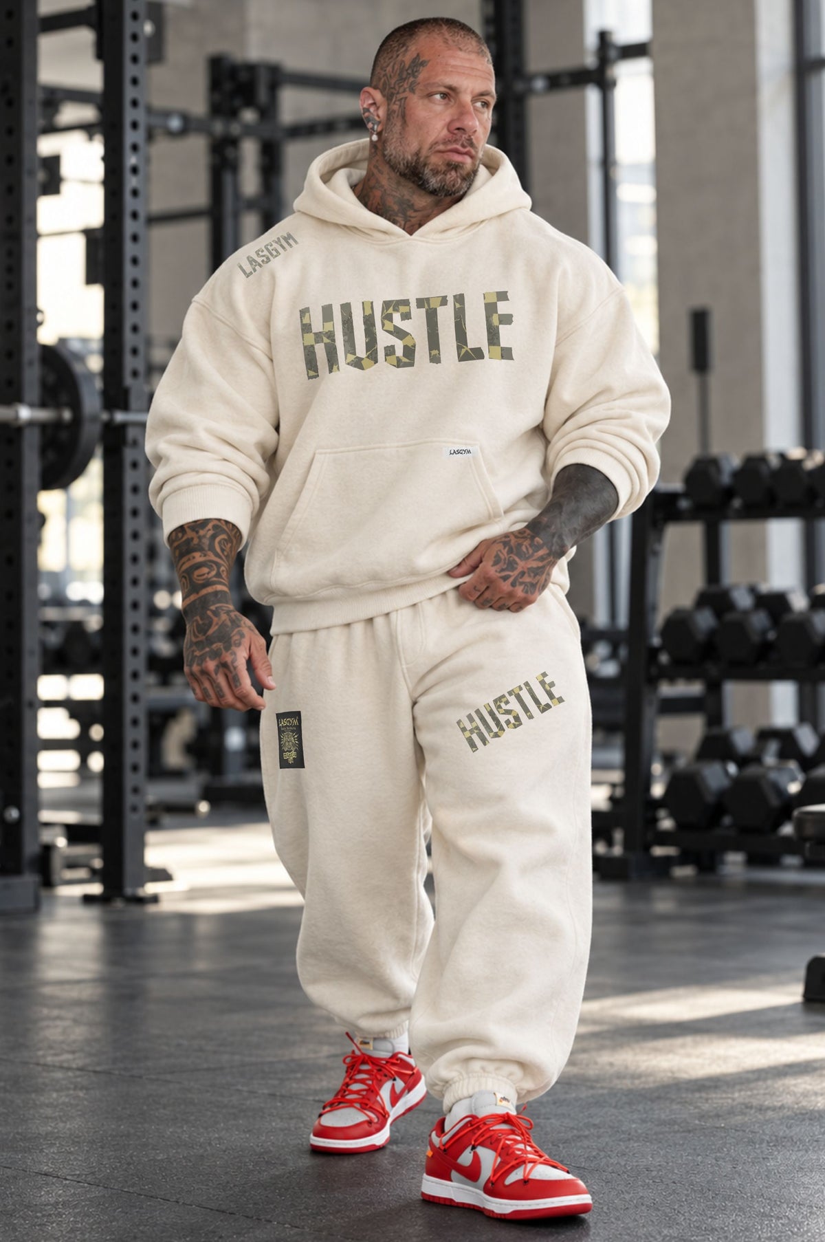 Felpa Over Cappuccio Premium Hustle Tape Wht